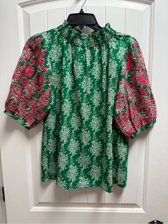THML Tops - THML Green Floral Pink Embroidered Lace Sleeve Boho Blouse Small NWOT